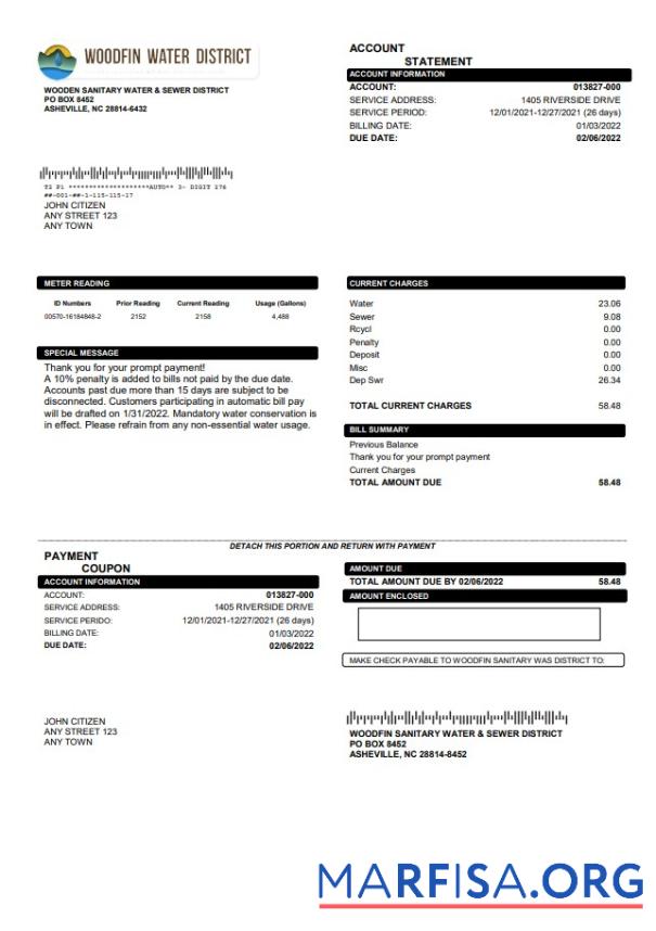 Blank USA North Carolina Woodfin Sanitary Water & Sewer District utility bill template in Word and PDF format